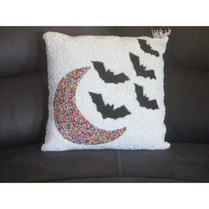 Noir Night Halloween Beaded Pillow Black Bats Colorful Crescent Moon 14 X 14 NWT